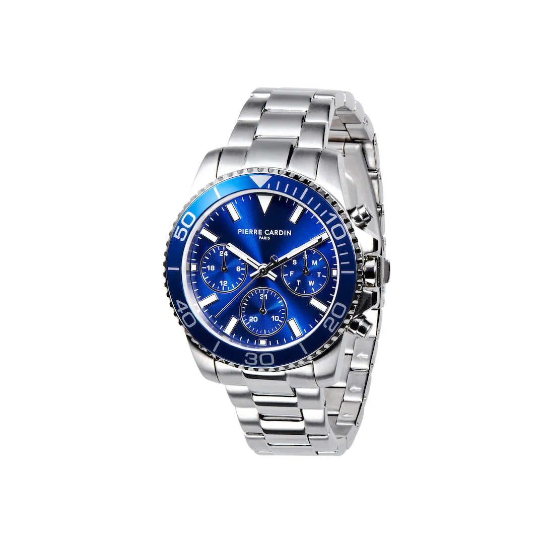 NATION Posh Multifunction watch with Blue Dial and Blue bezel with a Metal Links Strap CNI.0008 40 mm kol saati