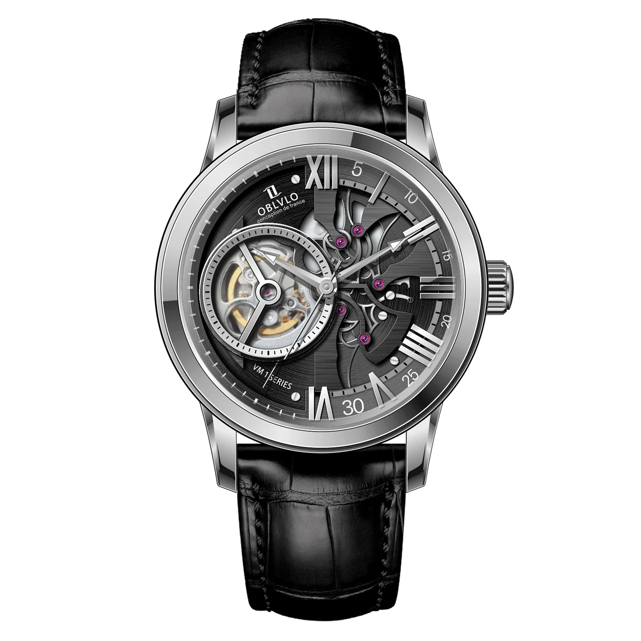 OBLVLO Leather Strap ,Black Dial VM-Q-YBBL VM Series,42mm,Black Leather Strap ,Black Dial VM-Q-YBBL 42 mm kol saati