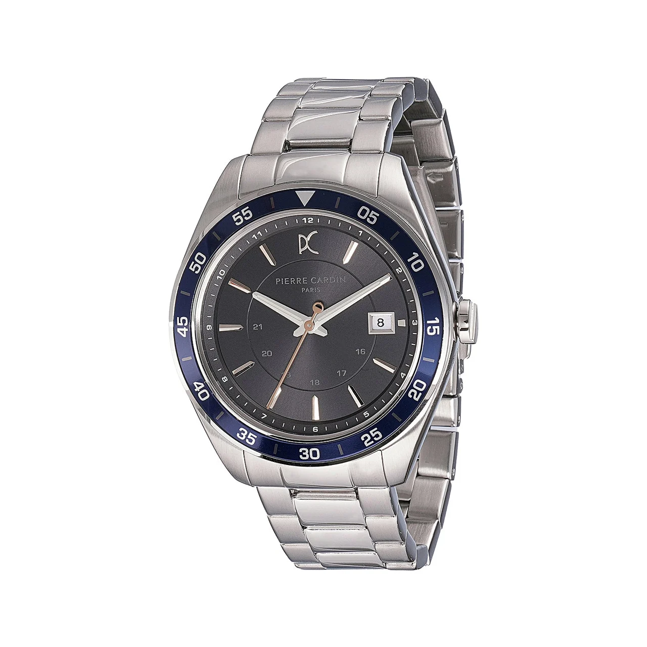 Pierre Cardin Nation Verre Men’s 42mm Sport Watch - Silver Case, Blue Bezel, Black Dial with Silver Metal Strap CF.1003.MS.3 42 mm kol saati