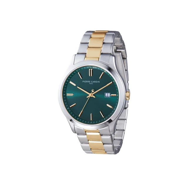 Épinettes Essential Two Tone Gold and Steel Watch with Green Dial and Metal Links Strap CQ