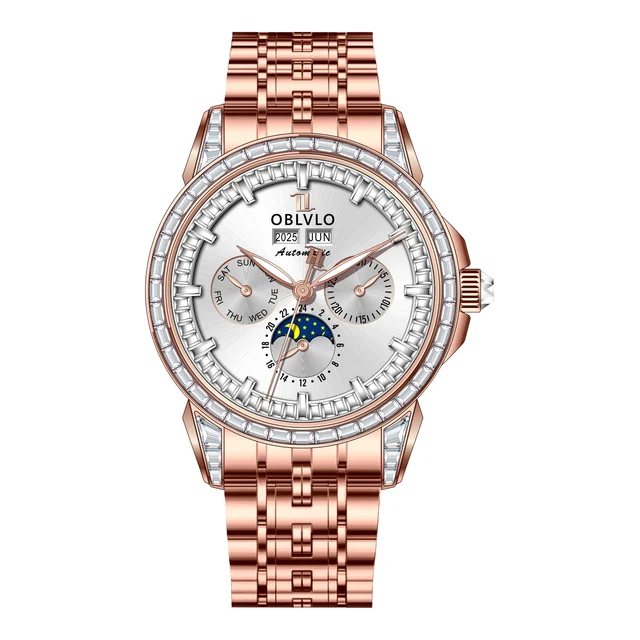 OBLVLO GCM Series,41mm,Rose Gold Steel Strap,Diamond Bezel,White Di kol saati