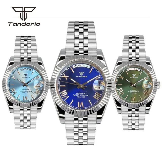 Tandorio Day Date Watch TD139 NH36 39mm / 36mm Sunburst Sapphire 10Bar 14:350850#light blu