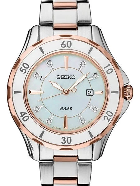Seiko Two-Tone Solar Dress Watch with MOP Dial, Rose Goltone Hands and 8 Diamond Markers #SUT340 33 mm kol saati