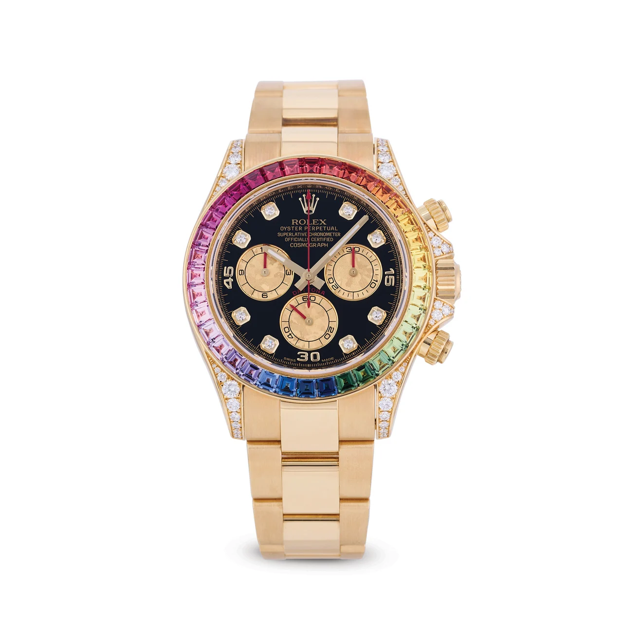 Rolex ROLEX REF 116598RBOW DAYTONA "RAINBOW" AUTOMATIC YELLOW GOLD DIAMONDS AND COLOR SAPPHIRE kol saati