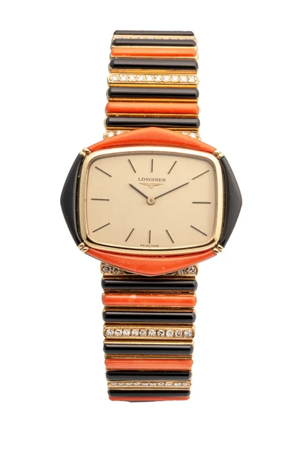 Longines LONGINES, REF 4744, “FLAGSHIP”, ONYX, CORAL AND DIAMOND, YELLOW GOLD kol saati
