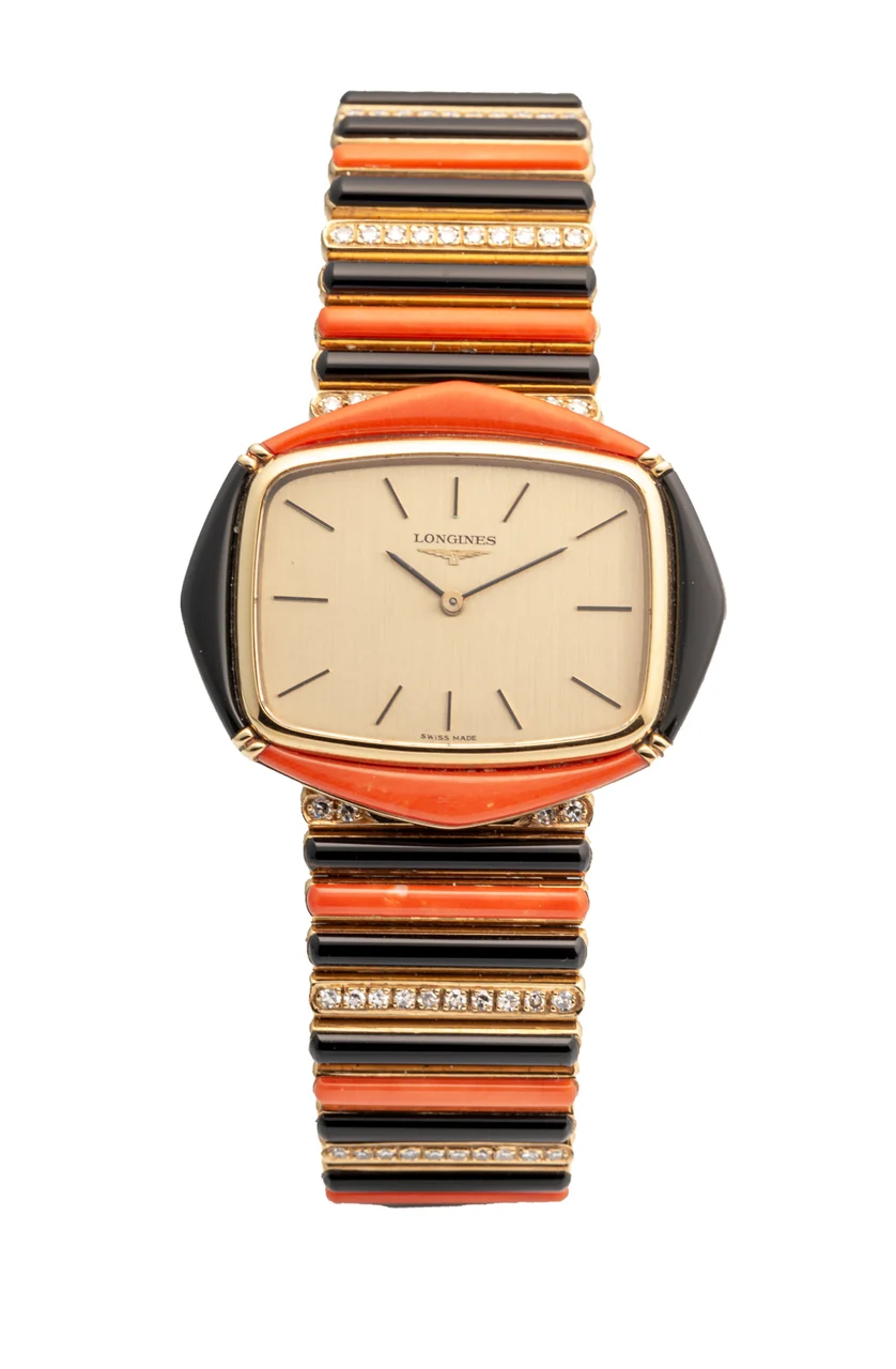 Longines LONGINES, REF 4744, “FLAGSHIP”, ONYX, CORAL AND DIAMOND, YELLOW GOLD kol saati