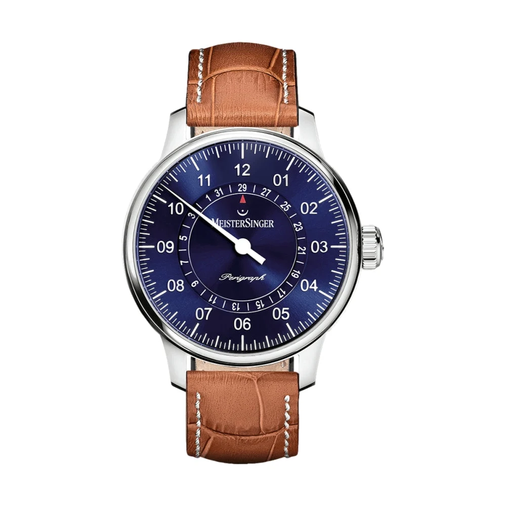 Meistersinger Perigraph 43mm - Sunburst Blue on Leather Strap AM1008 43 mm kol saati