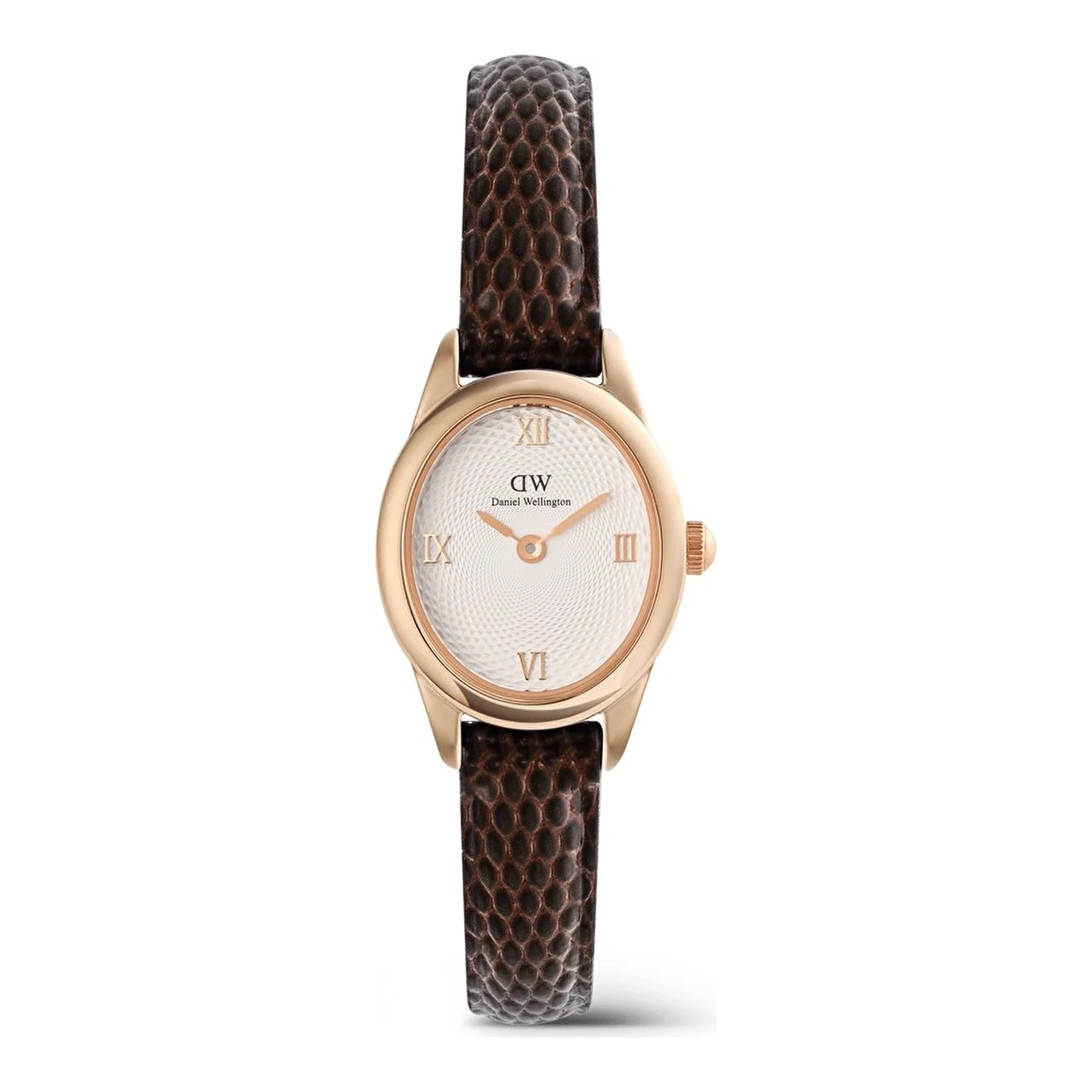 DANIEL WELLINGTON Ophelia Mini Dark Brown Lizard White Guilloché Rose G DW00600894 22 mm kol saati