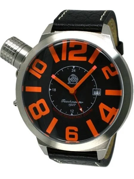 Tauchmeister Black XXL GMT Dive Watch with Orange Hands and Markers T0175 kol saati