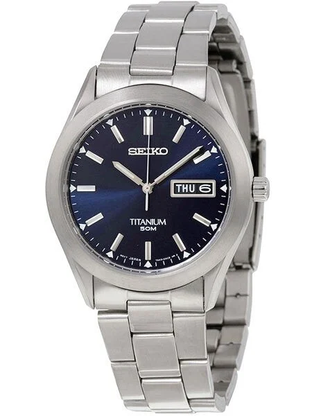 Seiko Quartz Blue Dial Watch with 37mm Titanium Case and Folded Bracelet #SGG709 37 mm kol saati