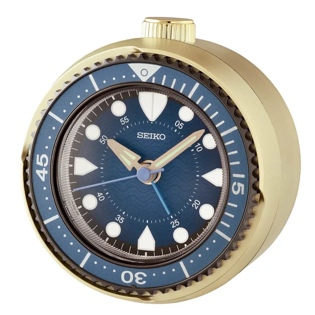 Seiko Mai Modern Rotating Bezel Alarm Clock in Blue and Gold #QHE207GLH kol saati
