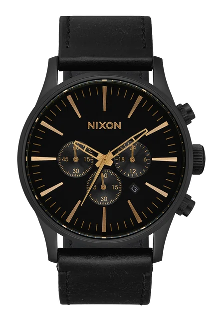 Nixon US Sentry Chrono Leather - Matte Black / Gold / Black A1391-3088-00 kol saati