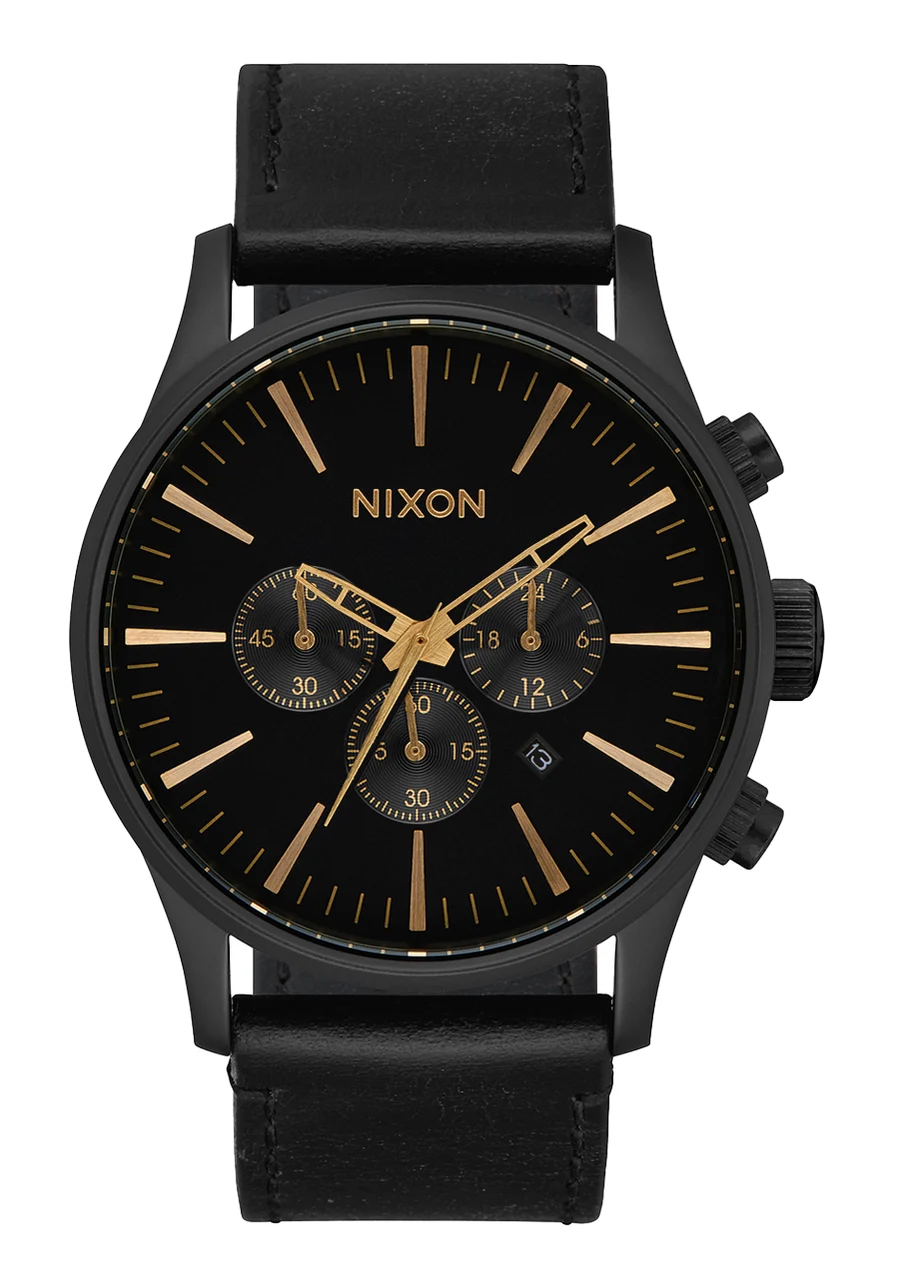 Nixon US Sentry Chrono Leather - Matte Black / Gold / Black A1391-3088-00 42 mm kol saati