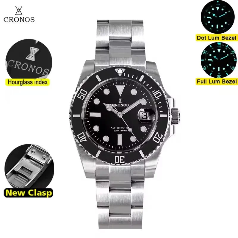 Cronos Watch Store Cronos New 40mm Miyota9015 Diver Men Watches L6045 克诺时-L6045-Miyota9015机芯-黑色-普光-钢带 40 mm kol saati