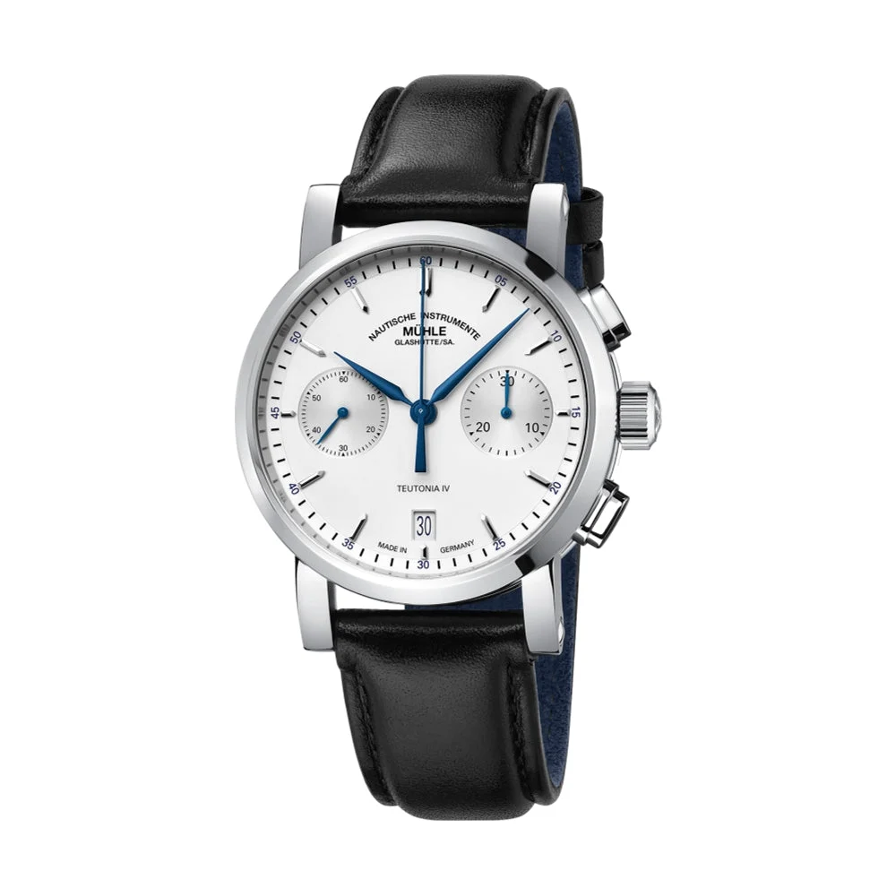Muhle Glashutte Teutonia IV Chronograph White Dial 39mm on Black Leather Strap M1-44-35-LB 39 mm kol saati