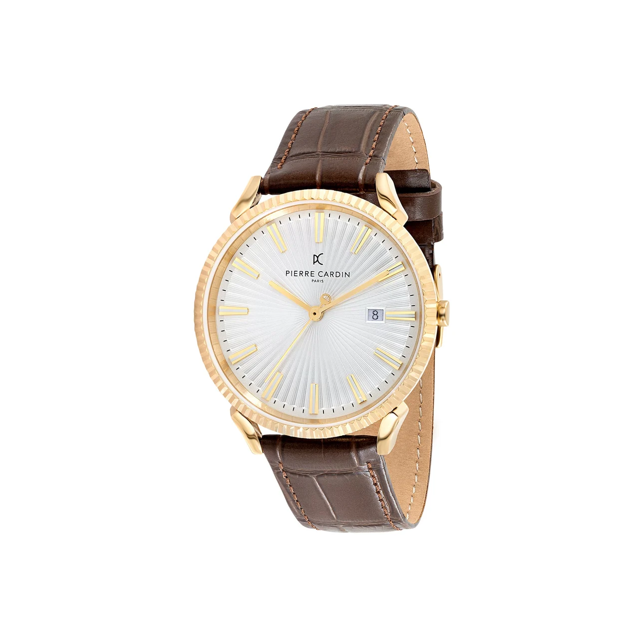 PIGALLE MENS Pigalle Gold Watch with Silver Dial and Brown Leather Strap with Fluted Bezel CPI.2133 42 mm kol saati