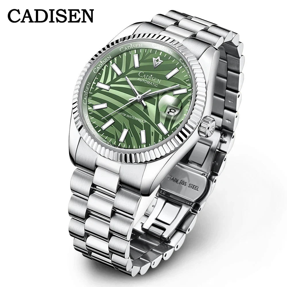 Tandorio Cadisen C8198 DateJust Olive Green Palm Motif 10bar Dress Sapphire 40MM Miyota 8215 Movt 14:175#Olive Green 40 mm kol saati