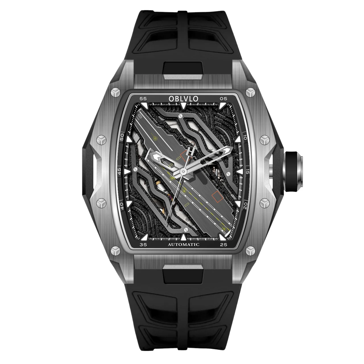 OBLVLO Strap ,Black Dial ZM-CR-YBBR ZM Series,46mm,Rubber Strap ,Black Dial ZM-CR-YBBR 46 mm kol saati