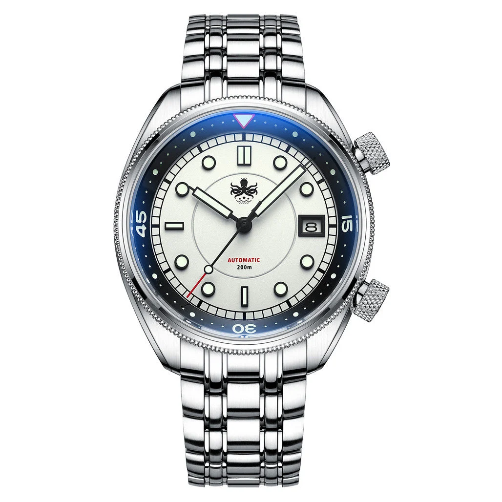 Phoibos Eagle Ray Automatic Compressor Style Dive Watch with Pastel White Dial #PY048E 47 mm kol saati