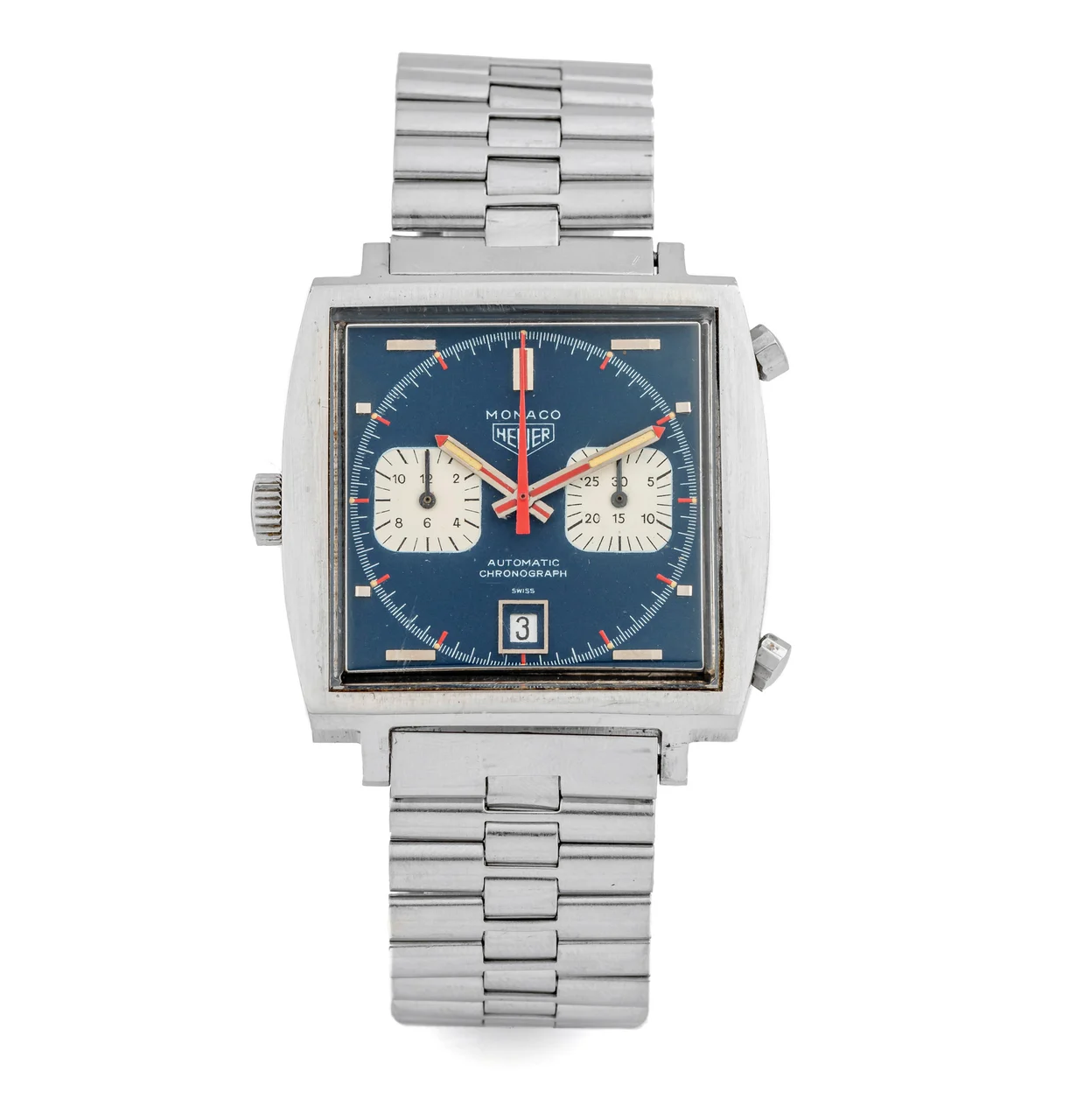 Heuer HEUER, REF. 1133, MONACO A fine, self-winding chronograph steel wristwatch with date. kol saati