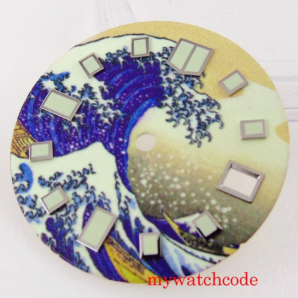 Tandorio Sterile Luminous Kanagawa Surfing Watch Dial Parts With Date Window Dila Feet At 23/38 Degree Fit NH35A Movement 14:173#Fit 3.8 crown 29 mm kol saati