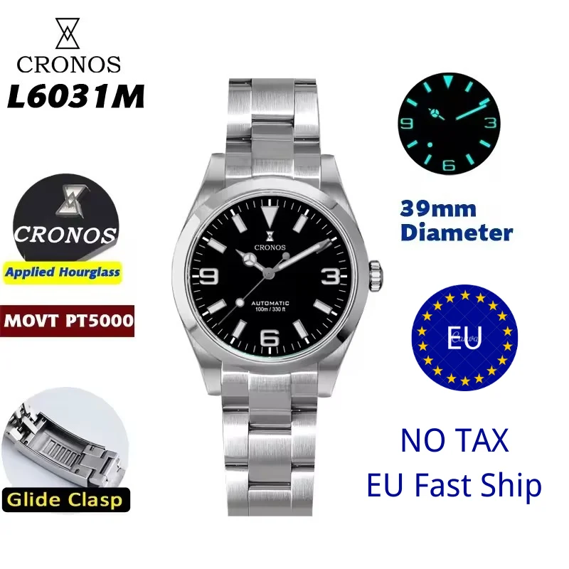 Cronos Watch Store warehouse★Cronos 39mm Explore PT5000 Dive Watch L6031 克诺时-L6031-pt机芯-黑色-钢带 39 mm kol saati