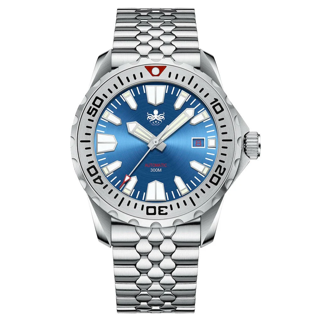 Phoibos Kraken 300 Meter Automatic Dive Watch with Sunray Blue Dial #PY033B 41 mm kol saati