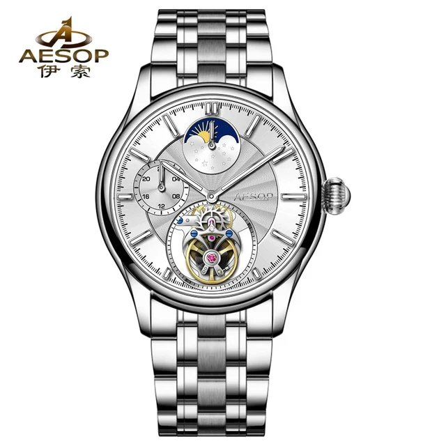 Tandorio Flying Tourbillon Moon Phase Watch AESOP 7118 42mm Subsecond Automatic Skeleton W