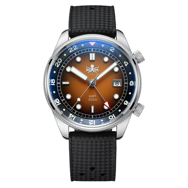 Phoibos Eagle Ray 300-Meter Dual-Time GMT Dive Watch with Orange Dial #PX023F kol saati