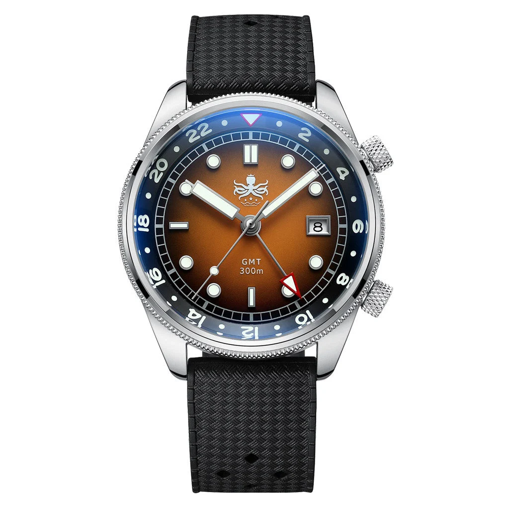 Phoibos Eagle Ray 300-Meter Dual-Time GMT Dive Watch with Orange Dial #PX023F 41 mm kol saati