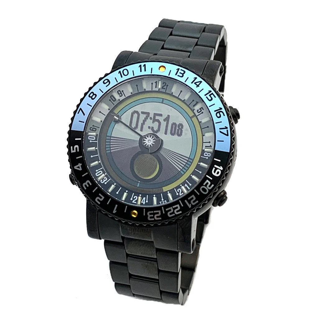 YES Black Titanium World Time Watch with Blue Accents and Titanium Bracelet #7B-KB-P3 46 mm kol saati
