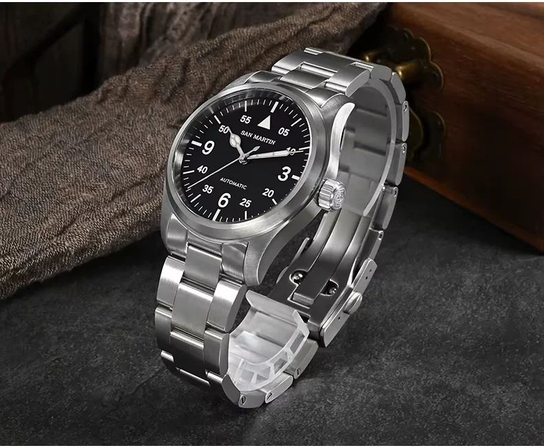 San Martin Men Pilot Watch 37MM Retro Simple Automatic Mecha 37 mm kol saati