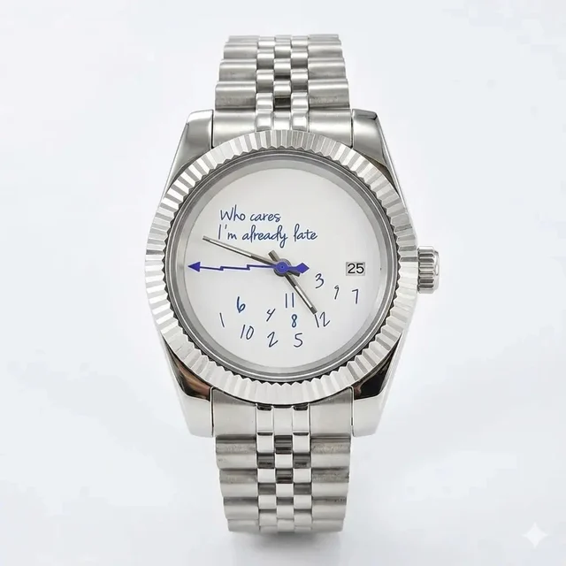 Tandorio DateJust NH35 watch "Who Cares I'm already Late" dial customized logo 39mm/36mm G