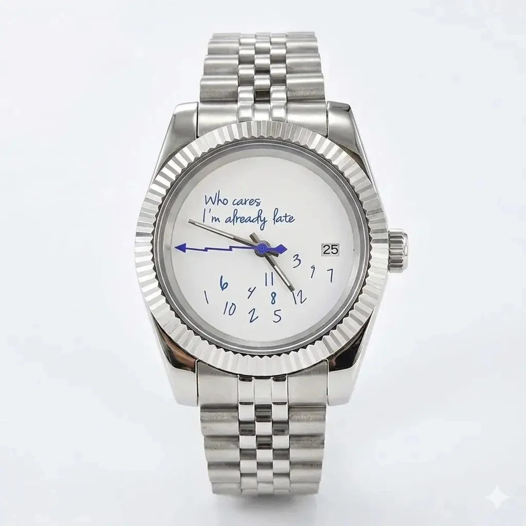 Tandorio DateJust NH35 watch "Who Cares I'm already Late" dial customized logo 39mm/36mm Glass Back Sapphire 10bar 14:10#no logo;5:57000035#39mm 28.5 mm kol saati