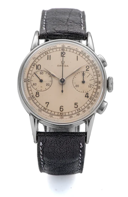 OMEGA Ref. CK 2404, large chronograph, minute counter, silver dial; stainless steel kol sa