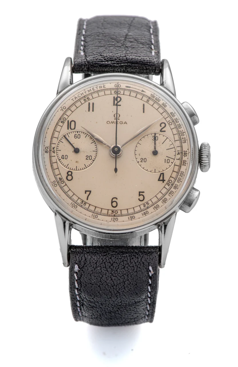 OMEGA Ref. CK 2404, large chronograph, minute counter, silver dial; stainless steel kol saati