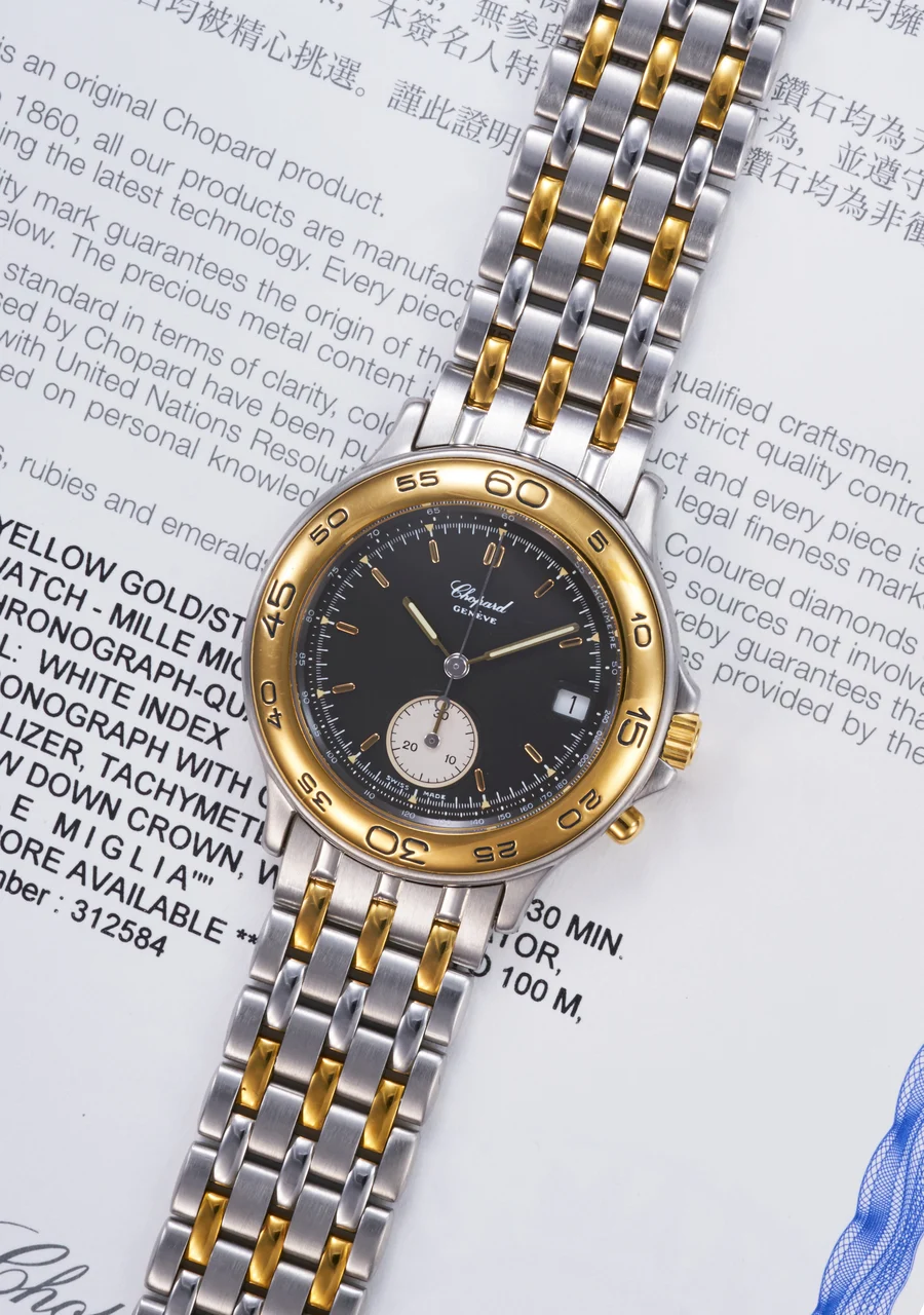 Chopard Ref. S15-8154-SYB, chronograph, minute recorder; “1000 Miglia”; stainless steel and 18K yellow gold (“ ”) kol saati