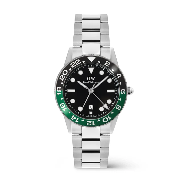 DANIEL WELLINGTON Iconic GMT Link Black Green Ceramic Bezel Silver DW00100920 kol saati