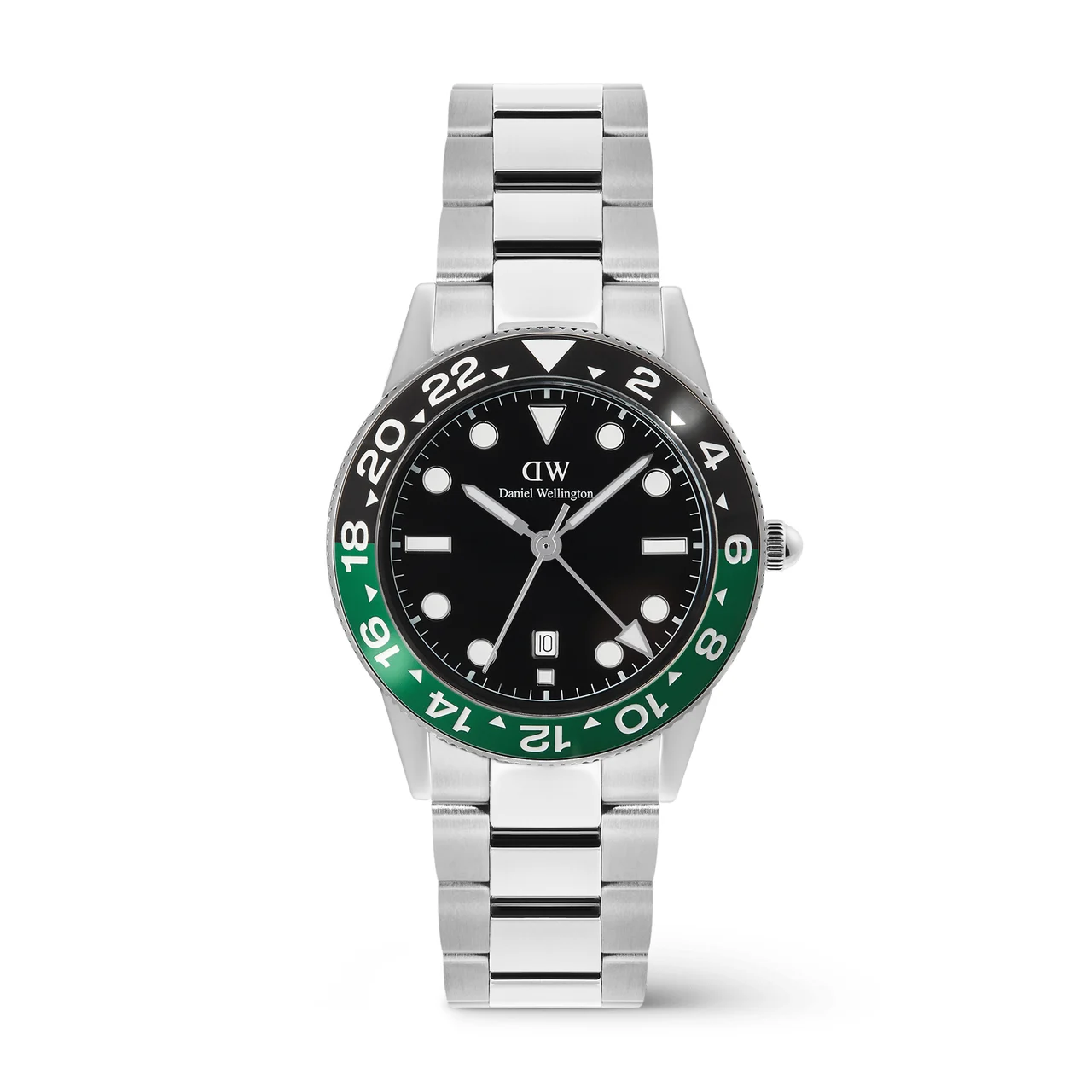 DANIEL WELLINGTON Iconic GMT Link Black Green Ceramic Bezel Silver DW00100920 kol saati