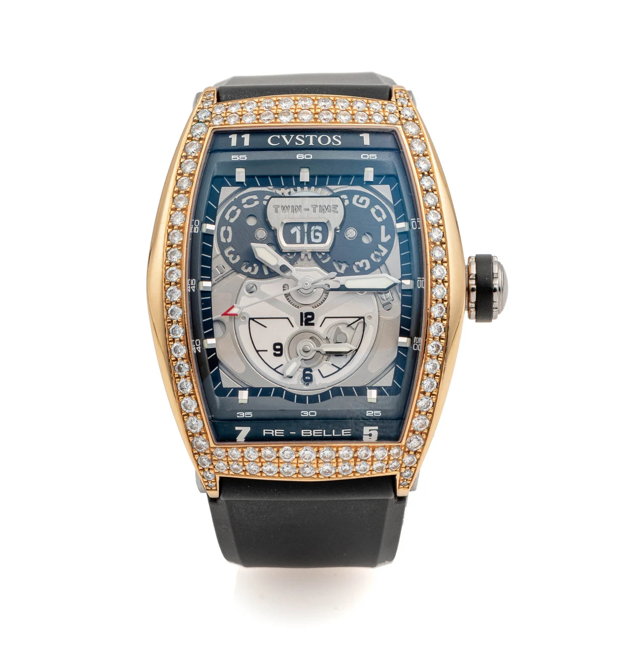Cvstos Ref. 016-RG, self-winding, centre-seconds, Grande Date, two-time zone; “Twin-Time Automatic” “Re-Belle”; 18K pink gold and diamonds kol saati