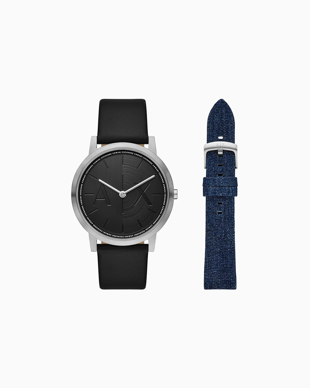 Armani Exchange Two-Hand Black Leather Watch and Denim Strap Set AX7168SET 40 mm kol saati