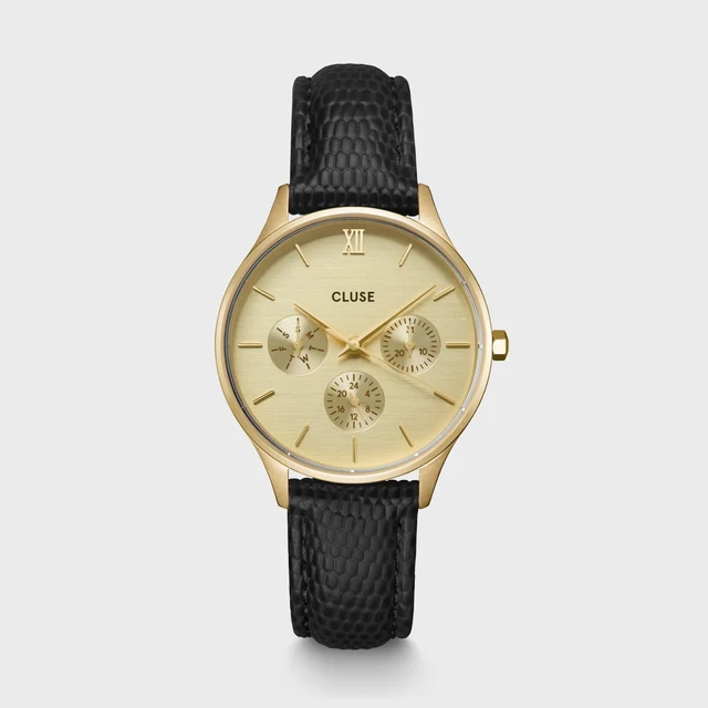 CLUSE Minuit Multifunction Watch Leather, Black Lizard, Gold Colour CW10705 kol saati