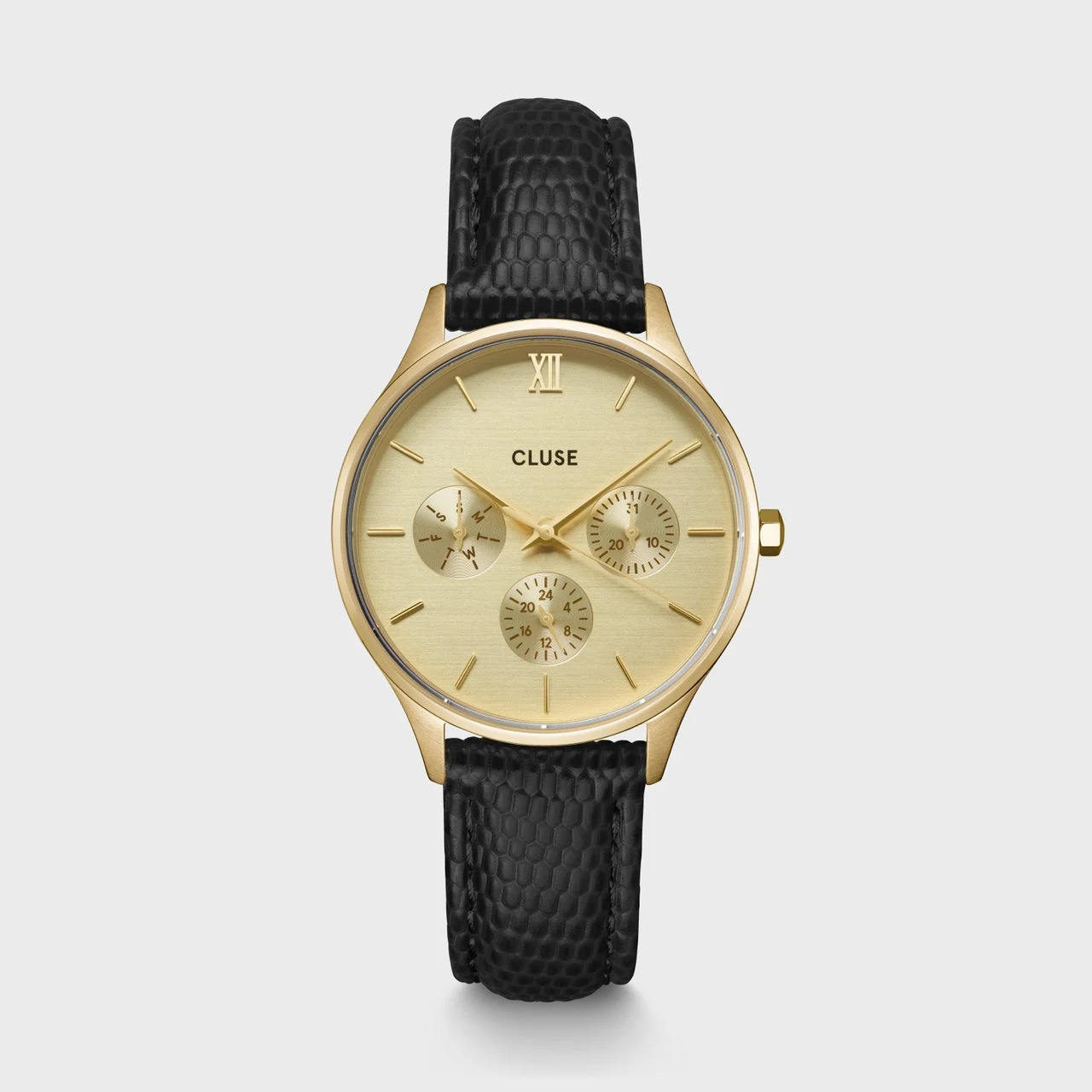 CLUSE Minuit Multifunction Watch Leather, Black Lizard, Gold Colour CW10705 34 mm kol saati