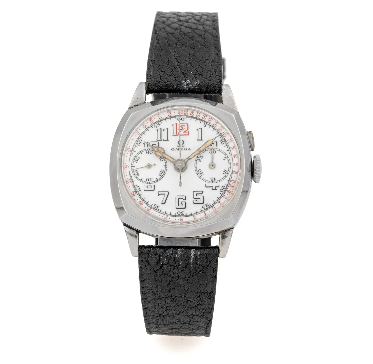 OMEGA Ref. CK 808, single push-piece chronograph, minute counter, enamel dial; stainless steel kol saati