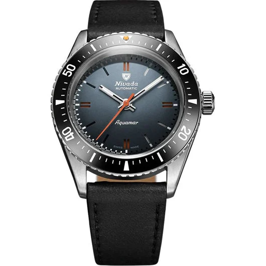 Nivada Grenchen Aquamar Grey on Black Leather 32077A17 kol saati