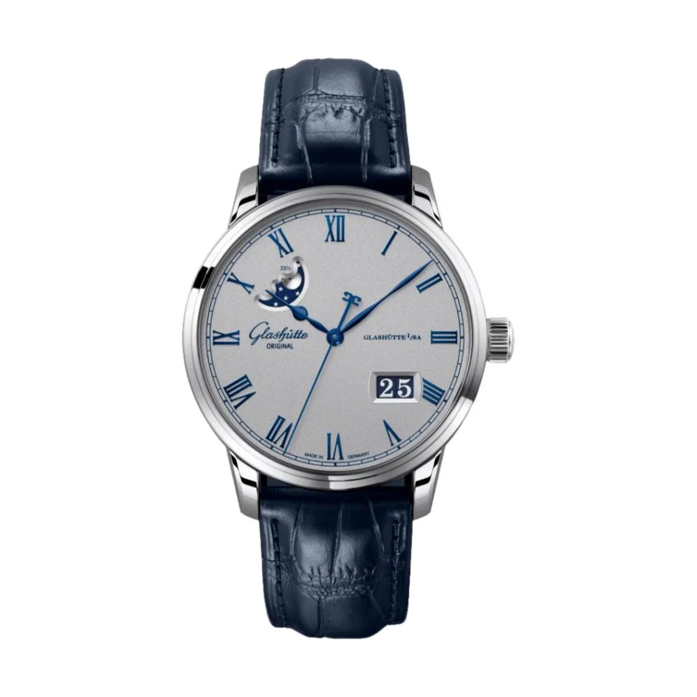 Glashutte Original Senator Excellence Panorama Date Moon Phase 40mm - Varnish Silver-Grainé on Strap 1-36-24-02-02-61 40 mm kol saati