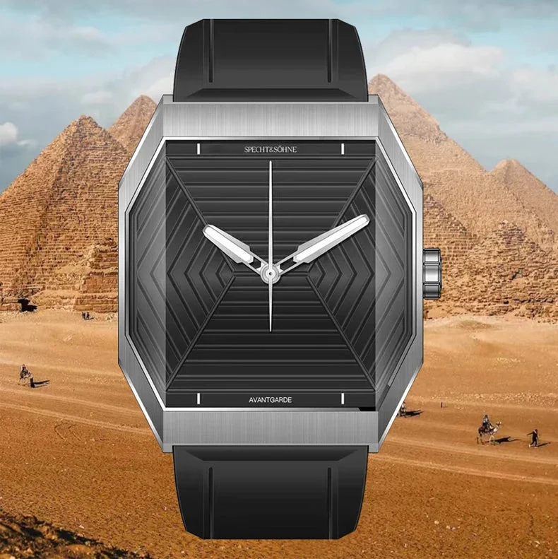 Tandorio Watches Fashion Octogon Watch 36mm Specht & Söhne Grey Color VH31 Quartz Egyptian Pyramids Dial Rubber Sapphire Crystal Stainless Steel Watch 1005008951253240-Blue 36.5 mm kol saati