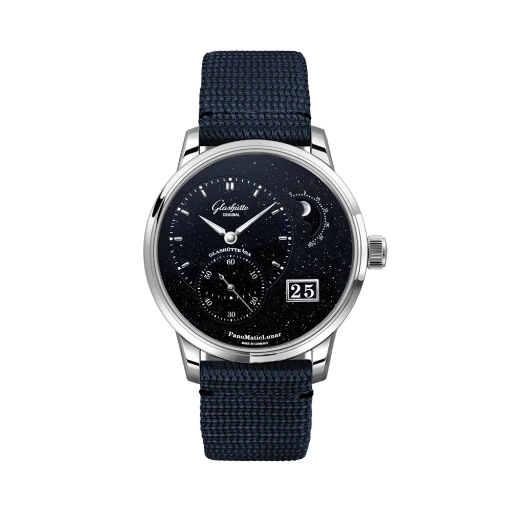 Glashutte Original PanoMaticLunar Platinum Automatic Limited Edition 40mm - Blue on Synthetic Fabric Strap 1-92-14-01-03-64 40 mm kol saati