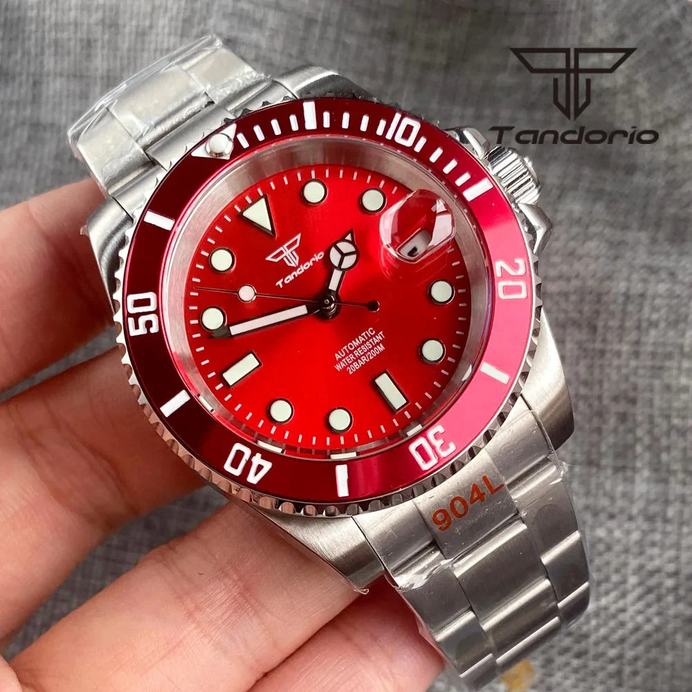 Tandorio Submariner Watch TD203R NH35A Red Sunburst 40mm 200M Diver Rotating Bezel Sapphire 14:200005100#bezel 1-logo dial;5:57000035#glass back 40 mm kol saati