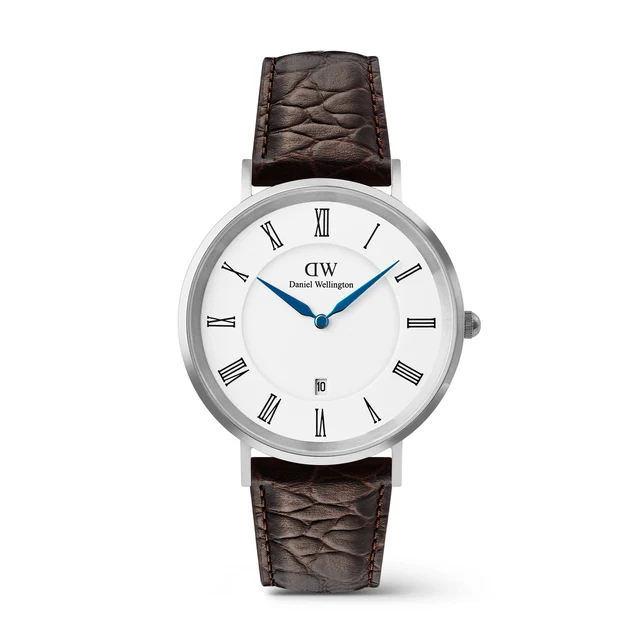 DANIEL WELLINGTON Classic Roman Numerals Date Dark Brown Croc Belly Silver DW00100911 kol